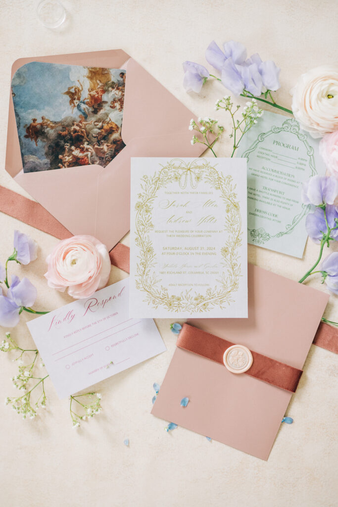 wedding details flat lay of important details that add emotion and storytelling to a wedding in south carolina.