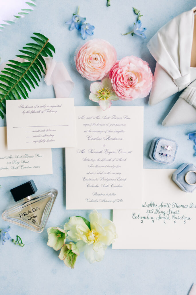 wedding details flat lay of important details that add emotion and storytelling to a wedding in south carolina.