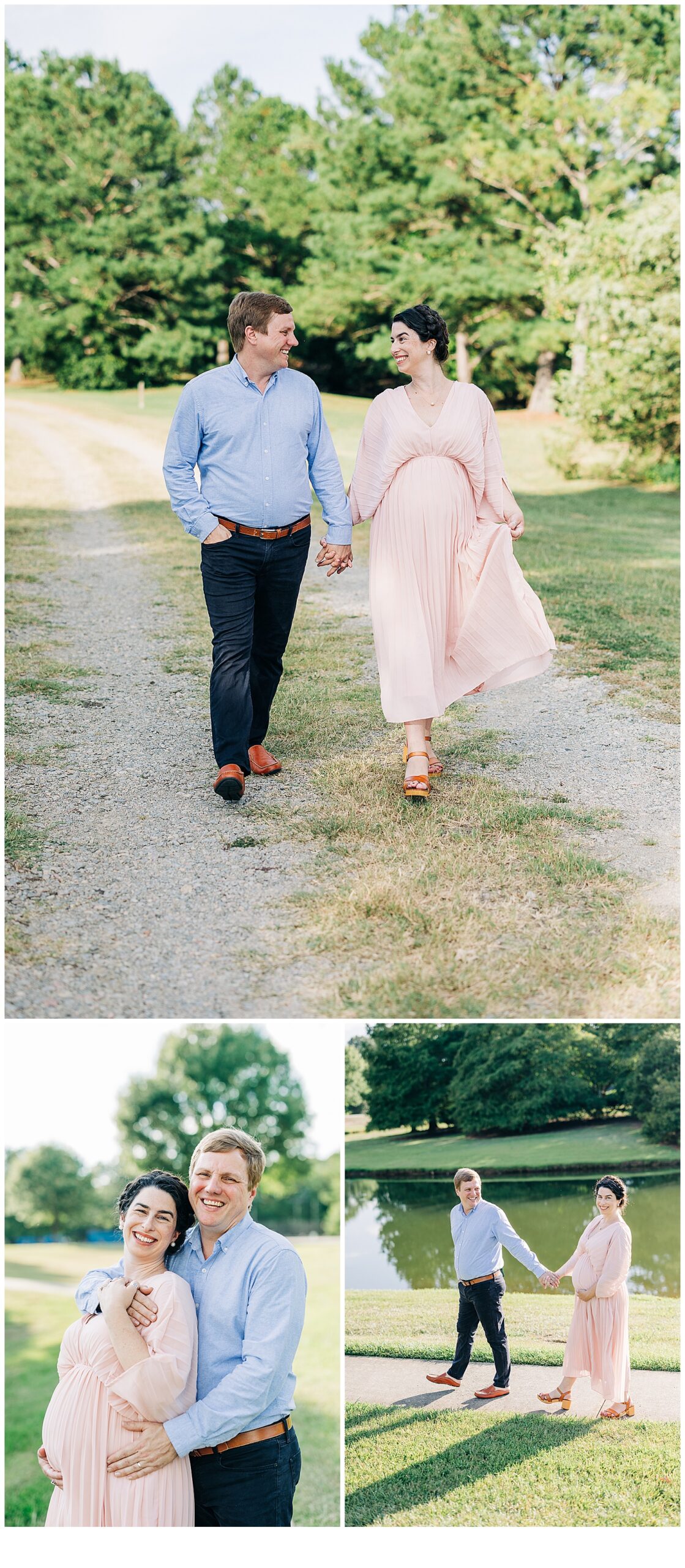 Couple Maternity session in South Carolina done on a private pond , walking and looking at her husband 