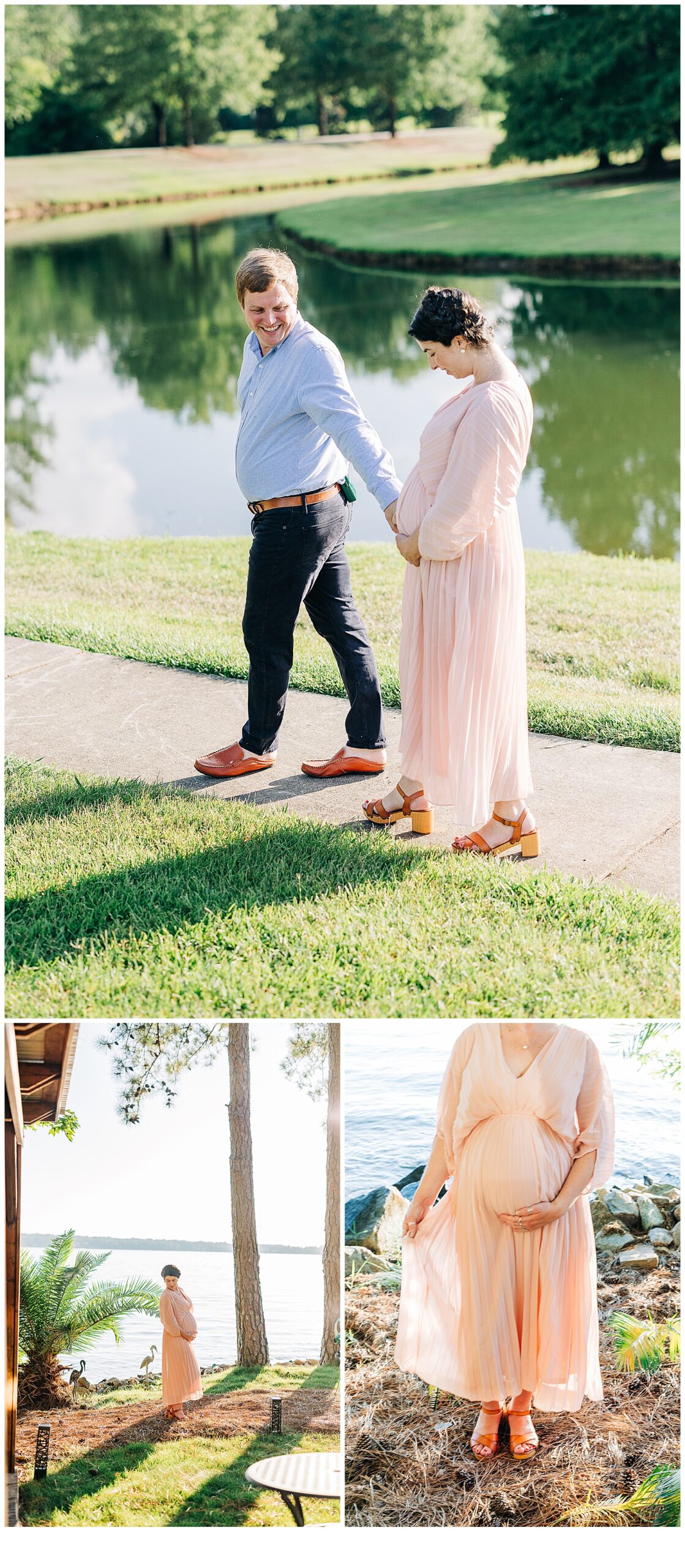 Couple Maternity session in South Carolina done on a private pond , looking down at her belly