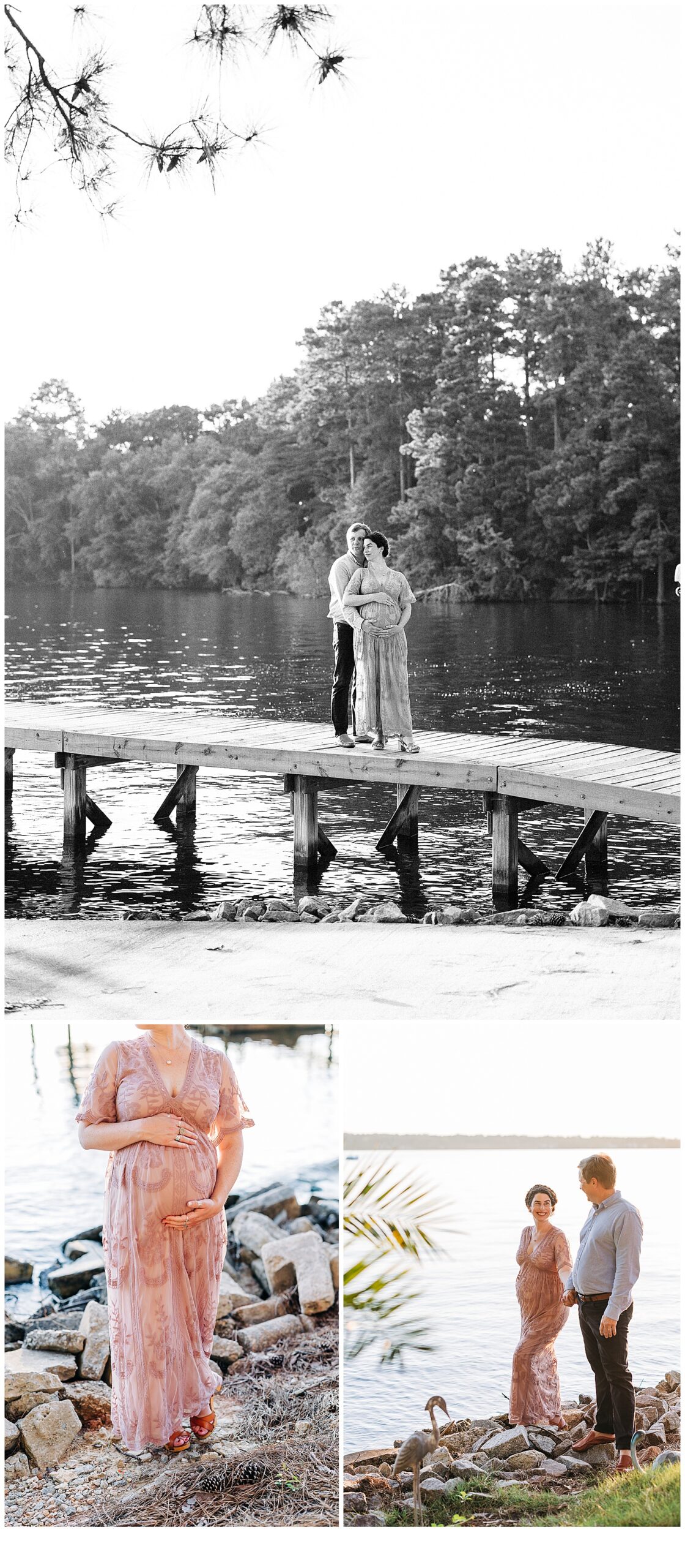 Couple Maternity session in South Carolina taken at Lake Murray, holding her belly and showing a big smile 