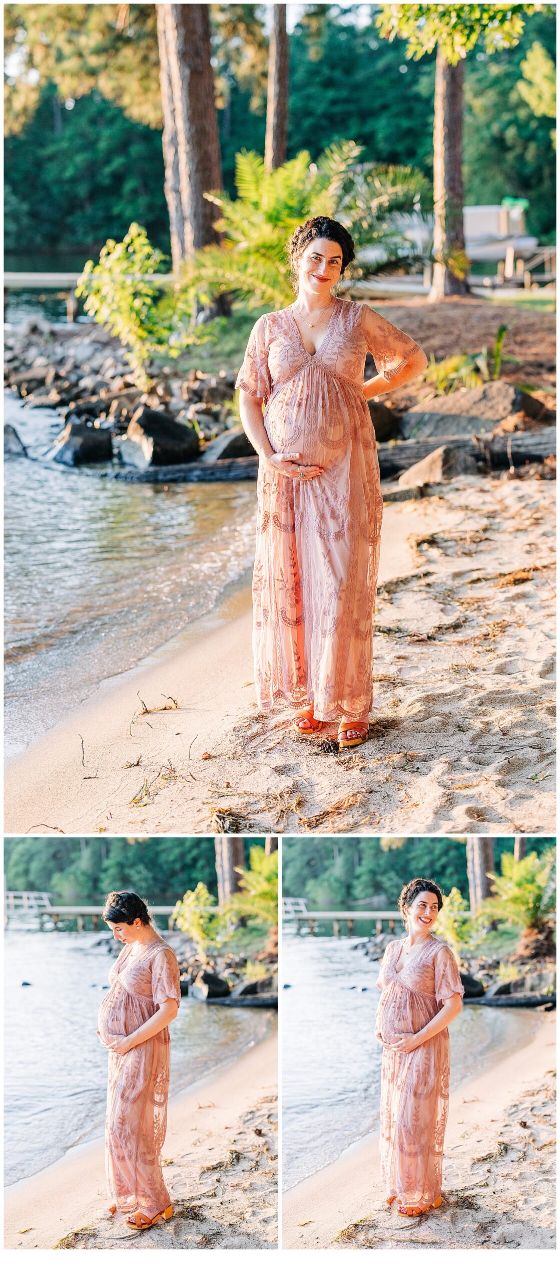 Couple Maternity session in South Carolina at Lake Murray, holding her belly and smiling 