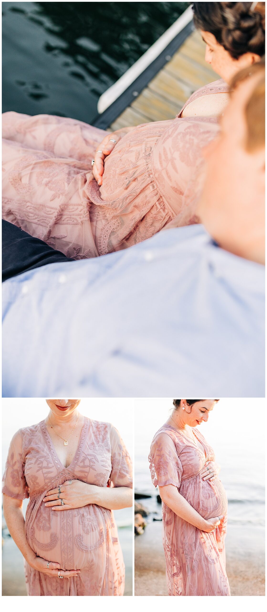 Couple Maternity session in South Carolina at the lake, looking down at her belly