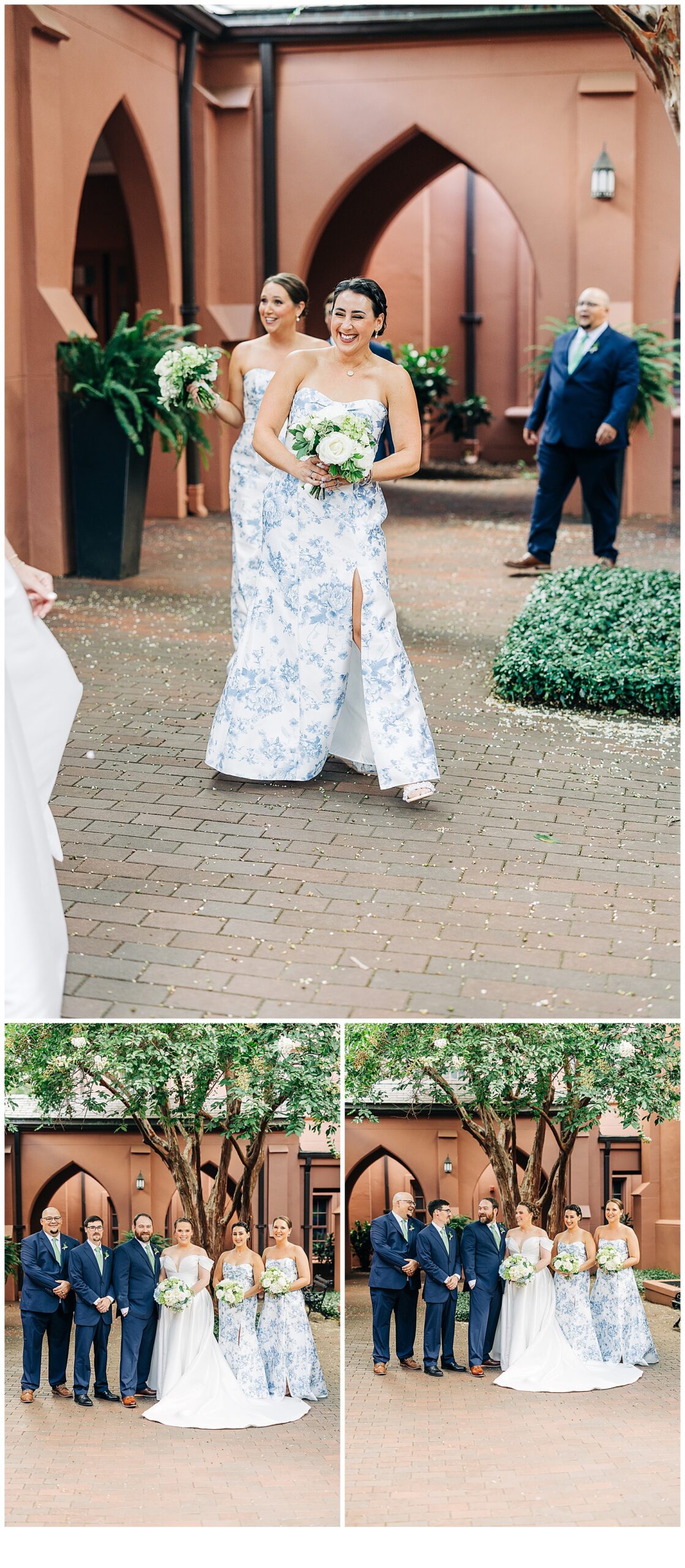Photos of the bridal party at a wedding at First Presbyterian Church.