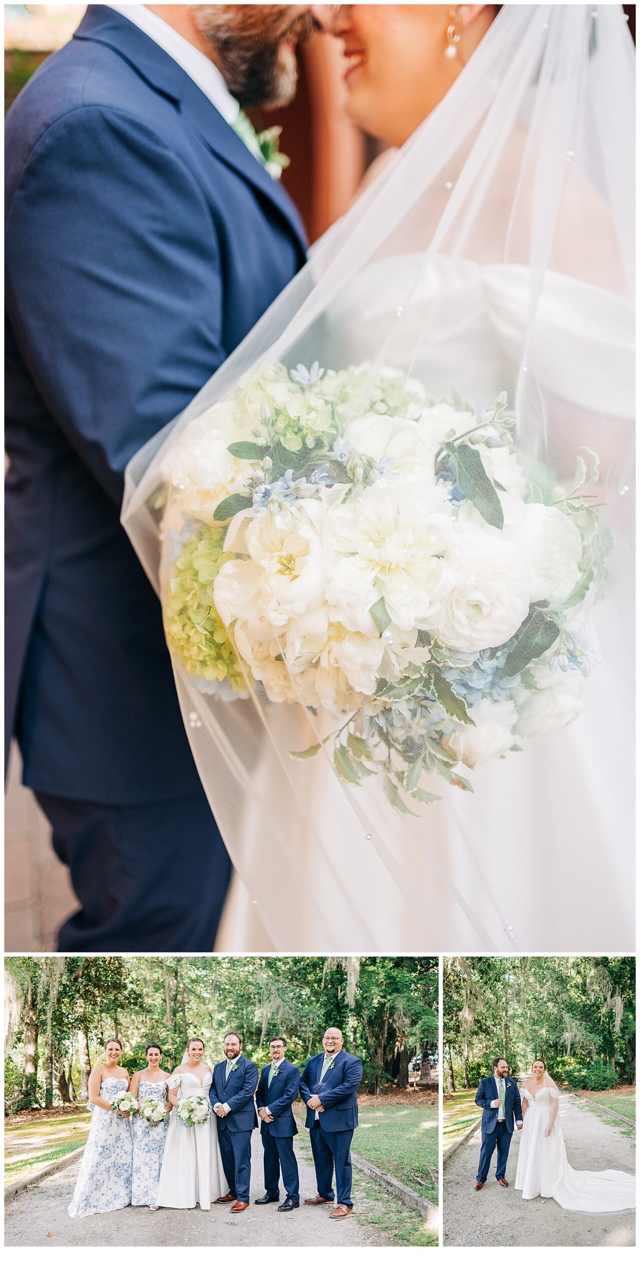 Bride and groom, kissing, beautiful picture of bride and groom with the wedding party
