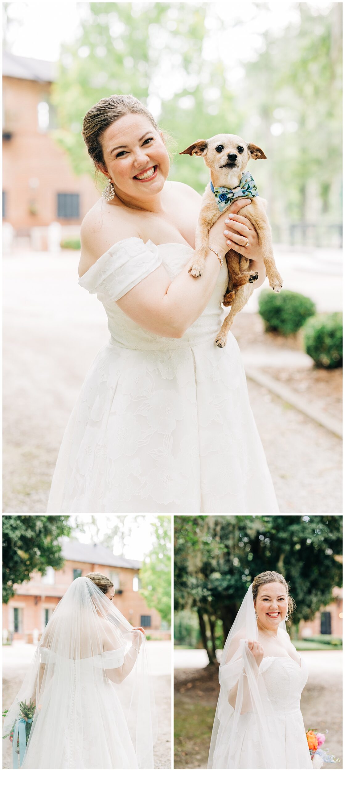 Bride in her dress with her dog in Adam’s pond 