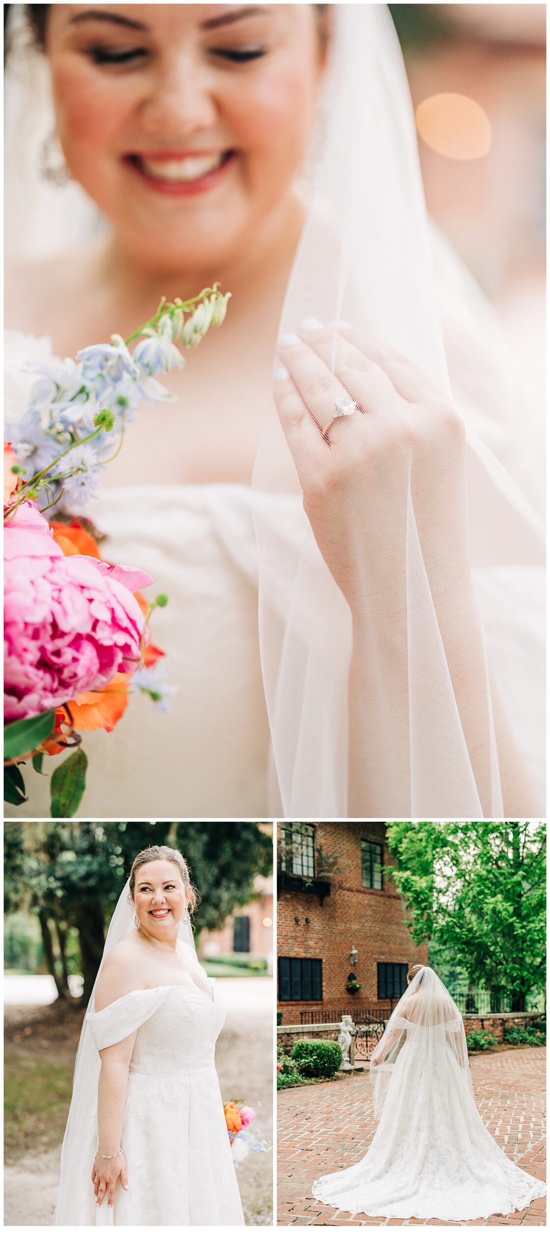 Bridal photos in he dress and showing her ring at Adam’s pond 