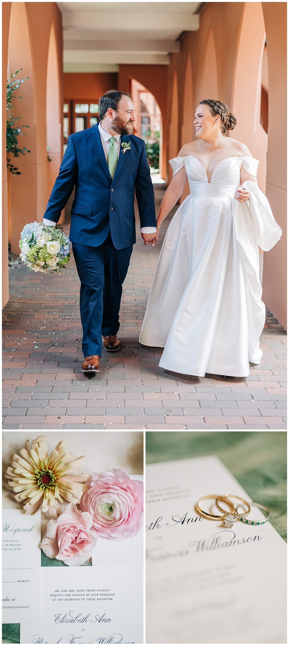 Bride and groom walking hand in hand after wedding. Rings and invitation