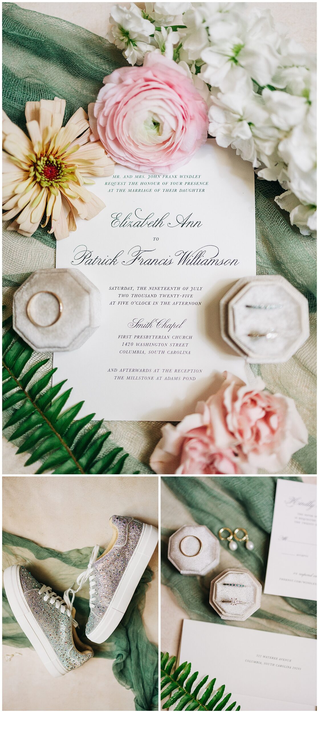 Adam’s pond wedding showing an invitation, the bride shoes, and the couples wedding rings.