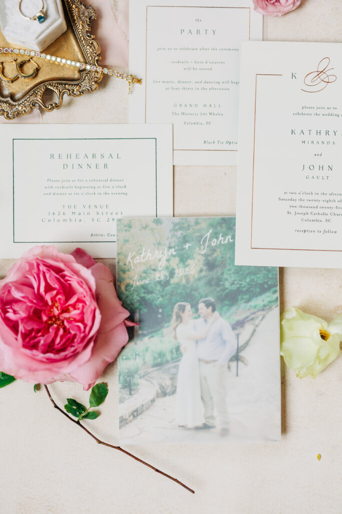 Close up of wedding invitation image taken by south Carolina wedding photographers