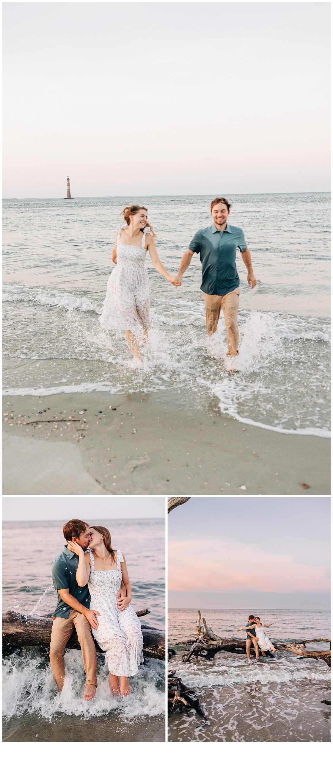 Newly engaged couple running through the water at Folly Beach