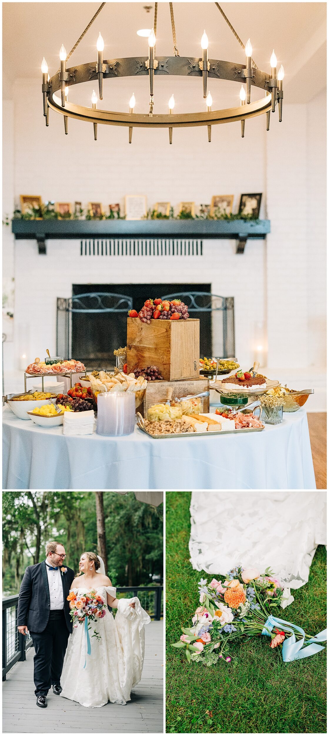 Food display at Adam’s pond, picture of brides flowers, and husband and wife 