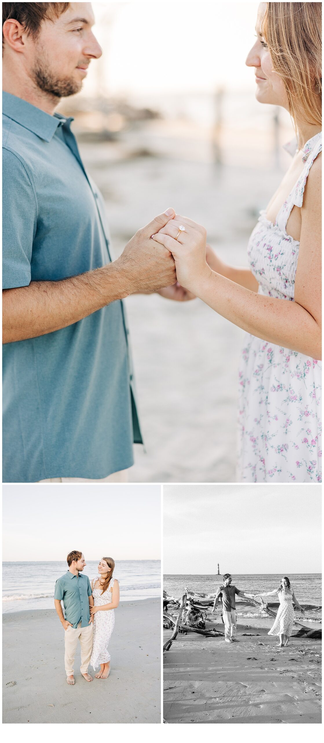 Hand and hand picture and a beautiful shot of the bride‘s wedding ring at Folly Beach