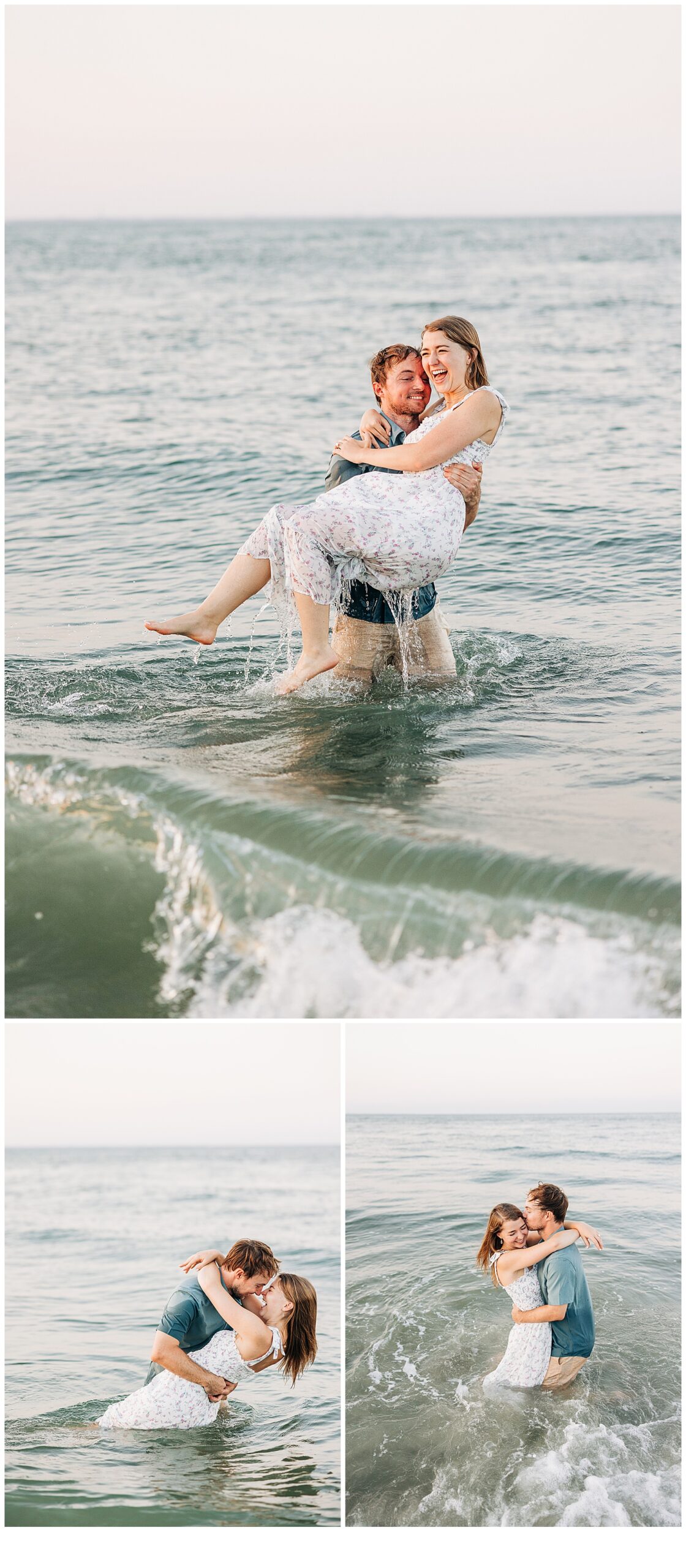 Couple kissing in the water at Folly Beach