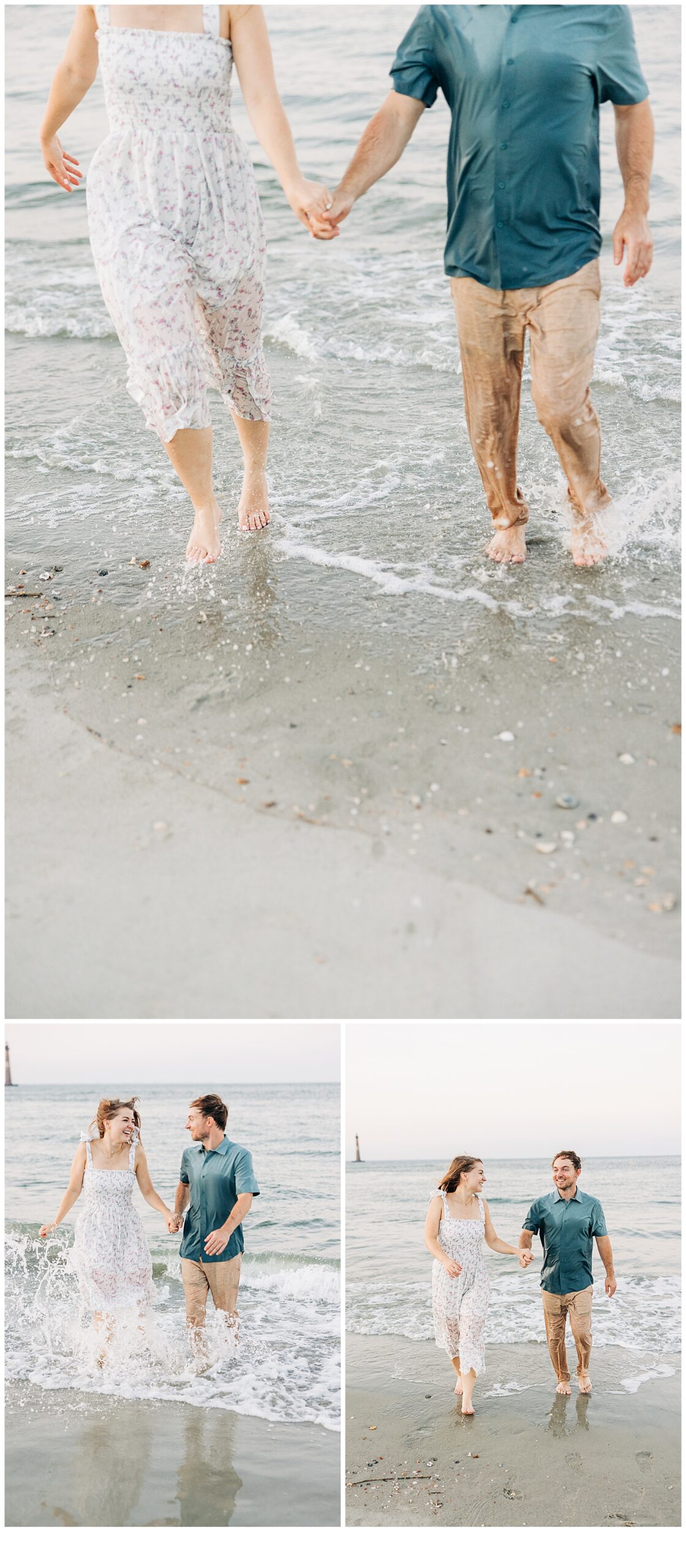 Engaged couple running through the water at Folly Beach