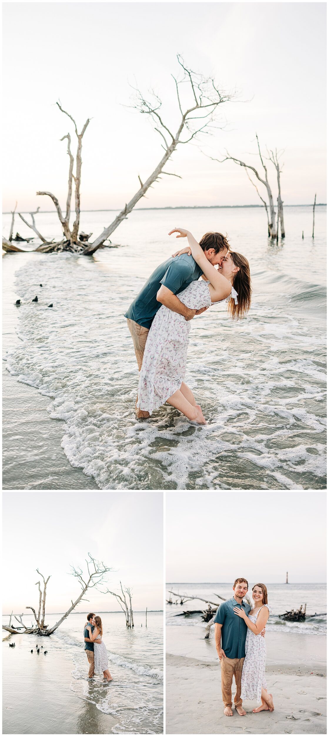 Couple smiling and kissing at Folly Beach