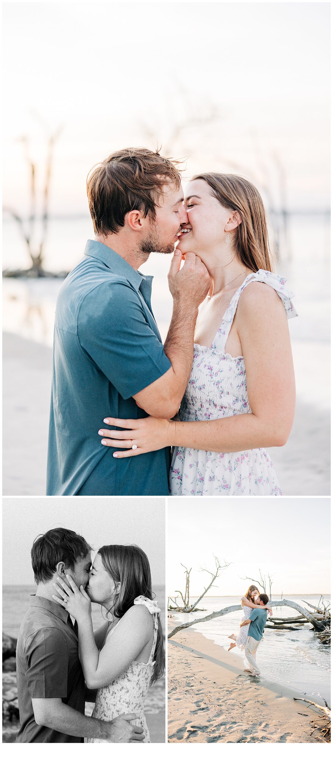 Engaged, couple kissing, and a picture of the brides ring at Folly Beach