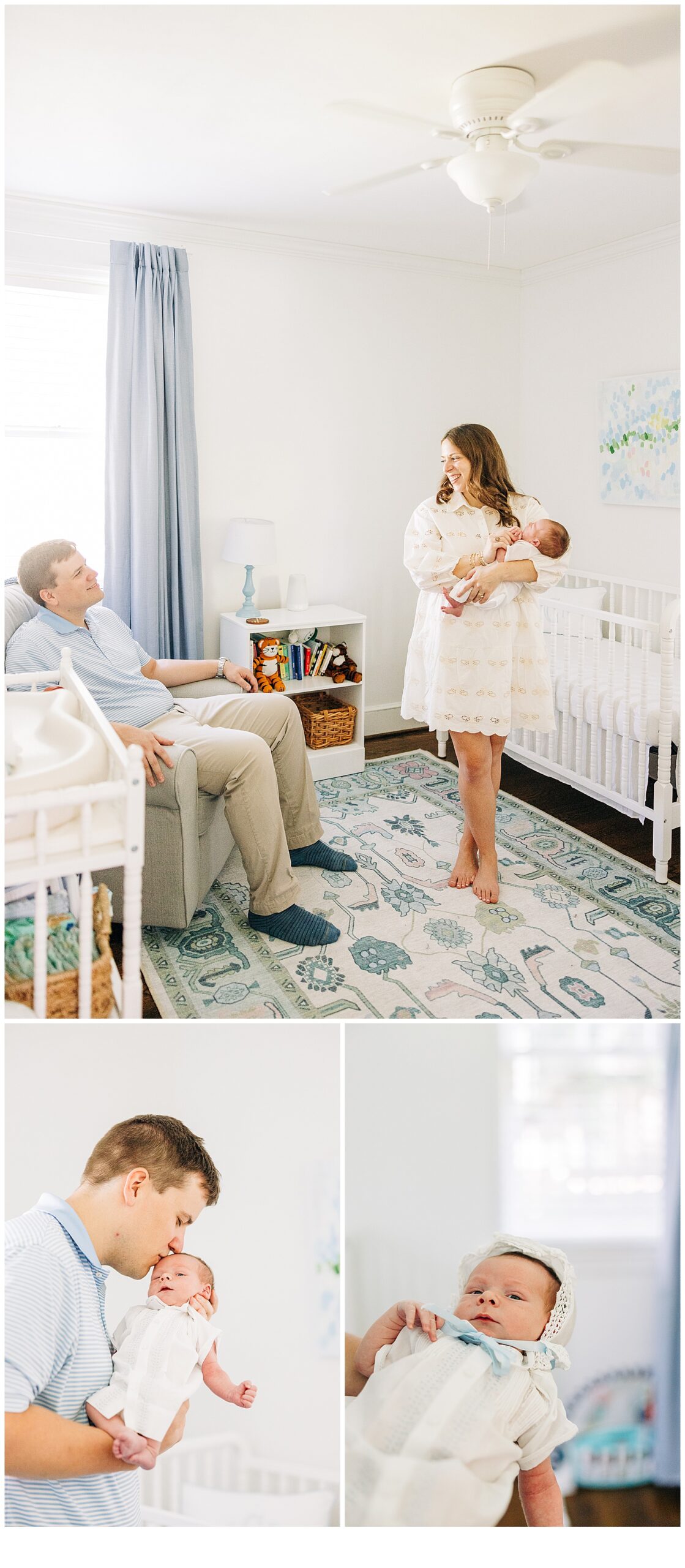Dad, kissing newborn baby. Dad smiling at mom while mom holds newborn baby.