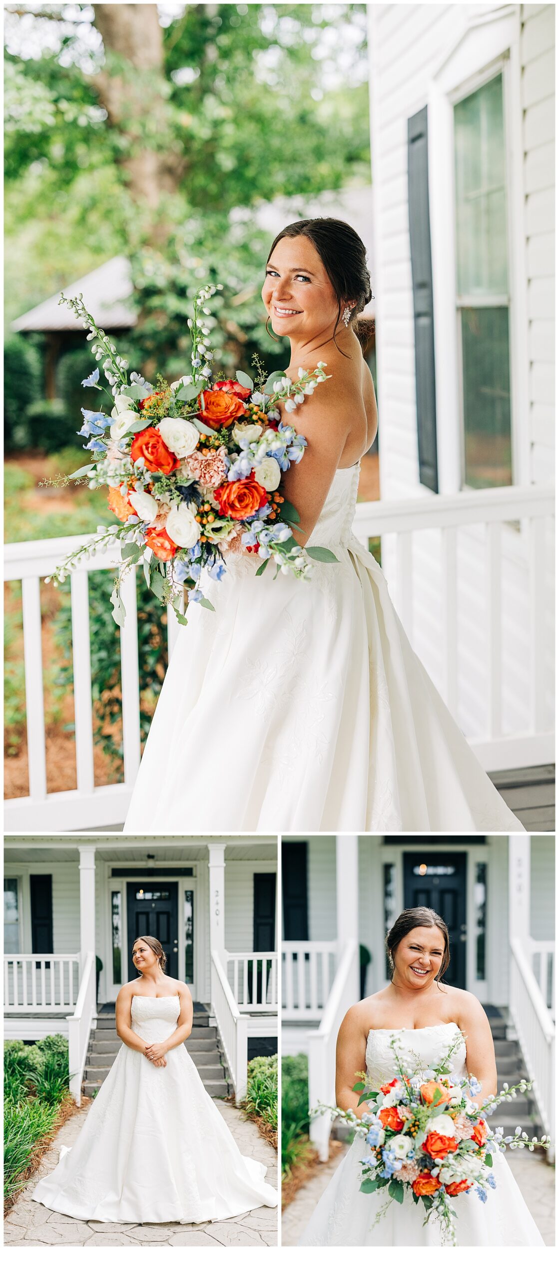 Bridal on the front porch at southern oaks wedding venue 