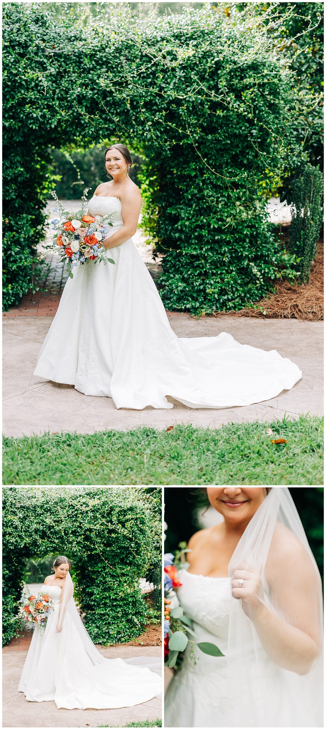 Beautiful bridal photos in front of the greenery at southern oaks venue