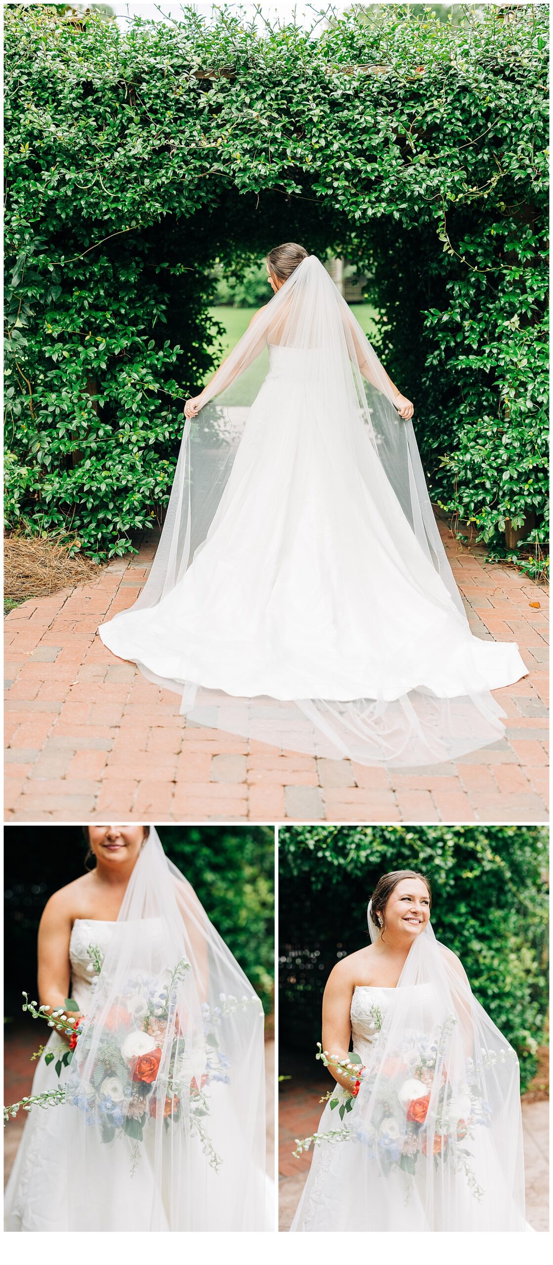 Beautiful smile from the bride and a full display of her vail