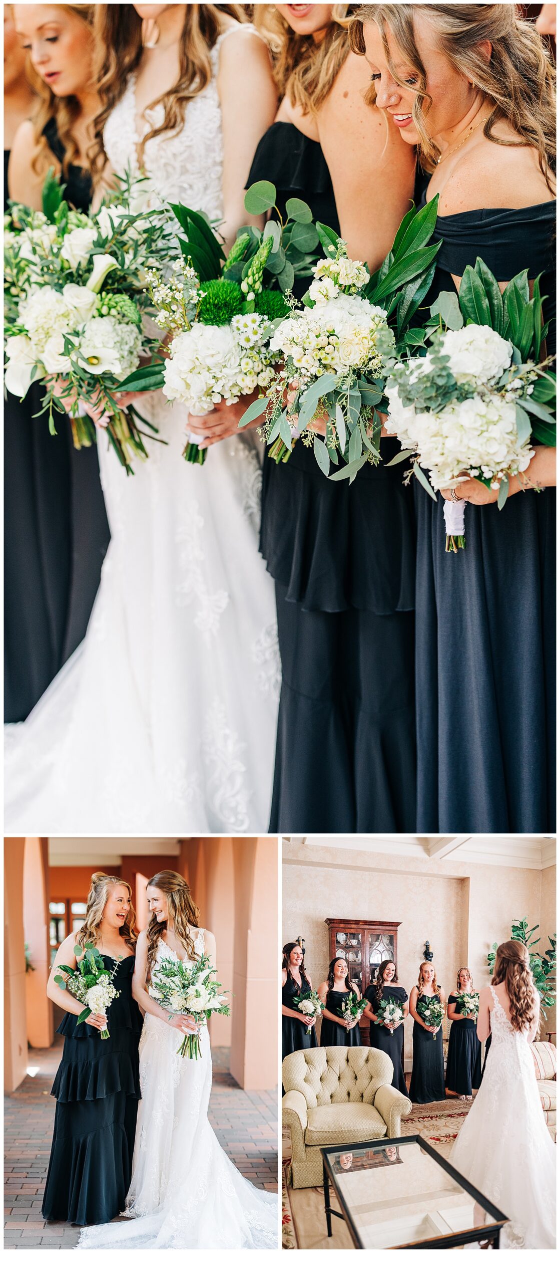 Bridal party looking at their flowers, and seeing the bride for the first time 
