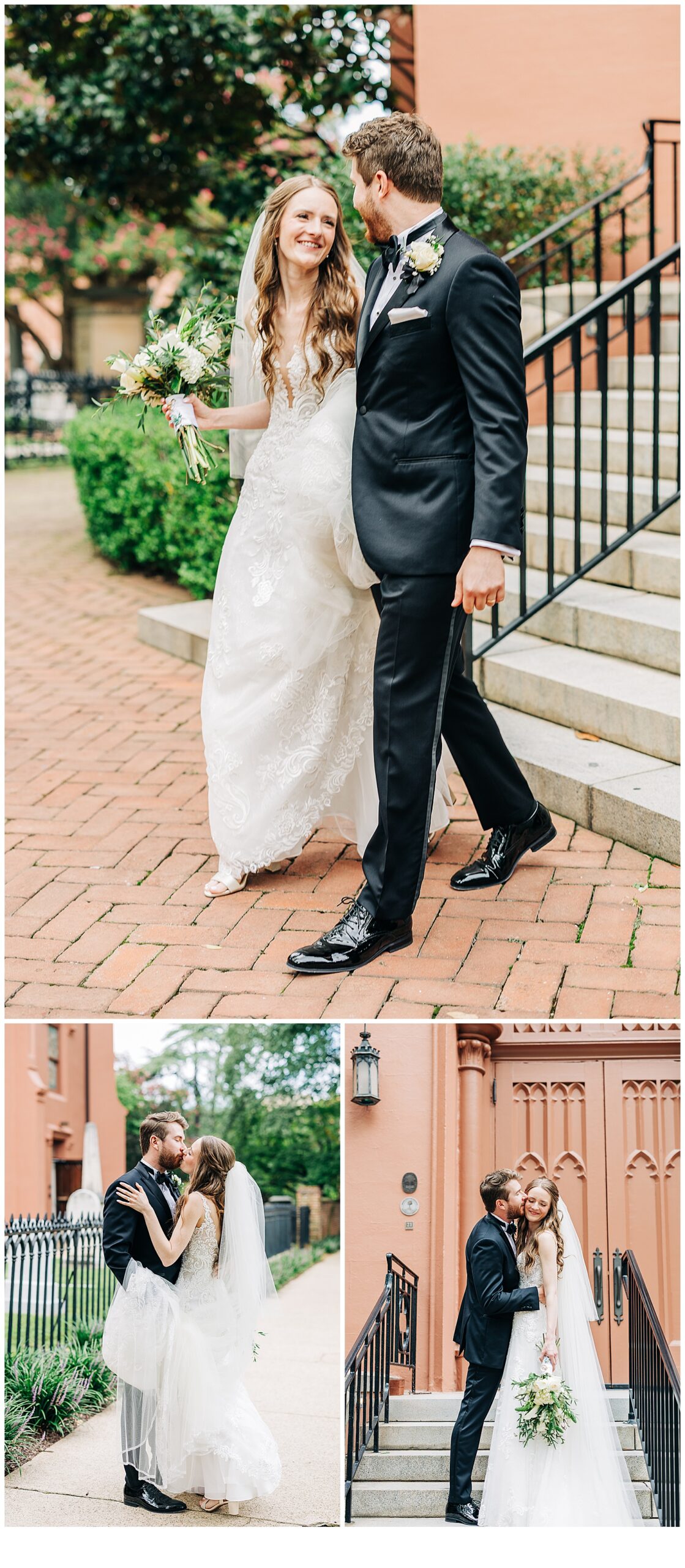 Bride and groom pictured together, and the wedding party