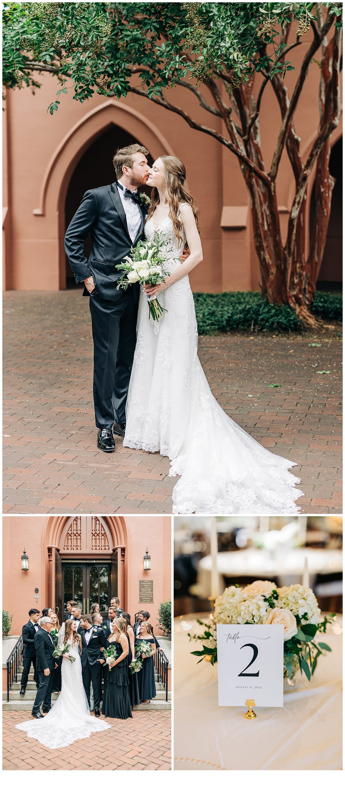Bride and groom with their wedding party, table decorations 