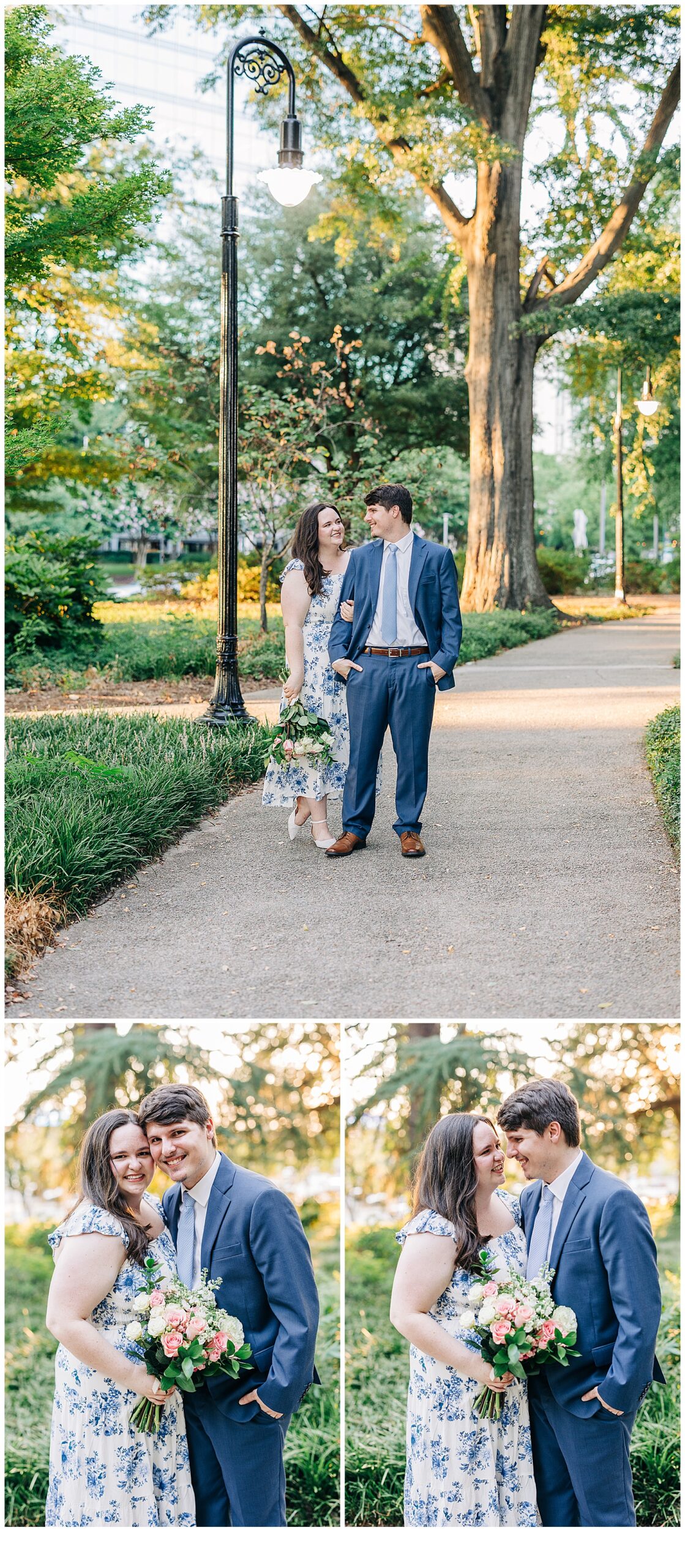 Couple taking engagement photos with flowers, smiling