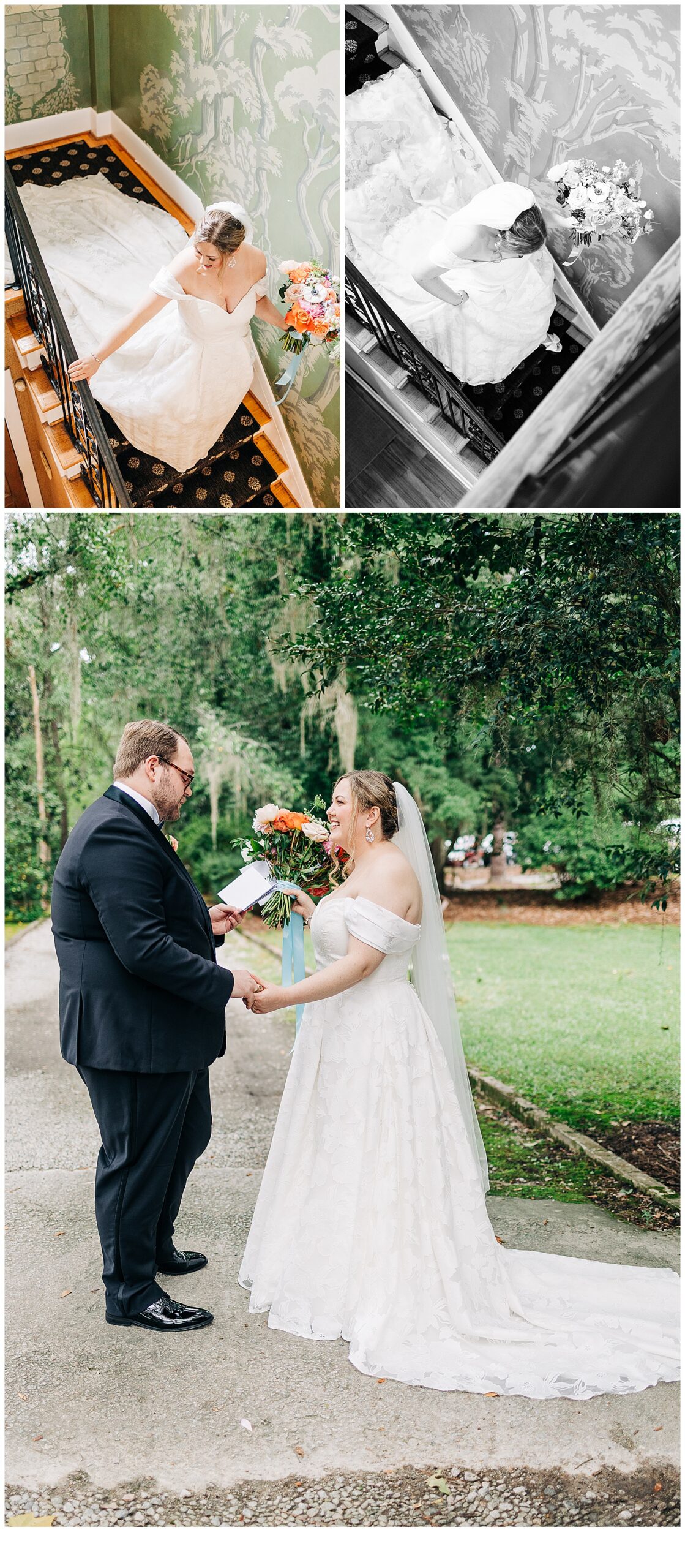 Picture of the bride going down the stairs at Adam’s pond ,bride and groom share vows.