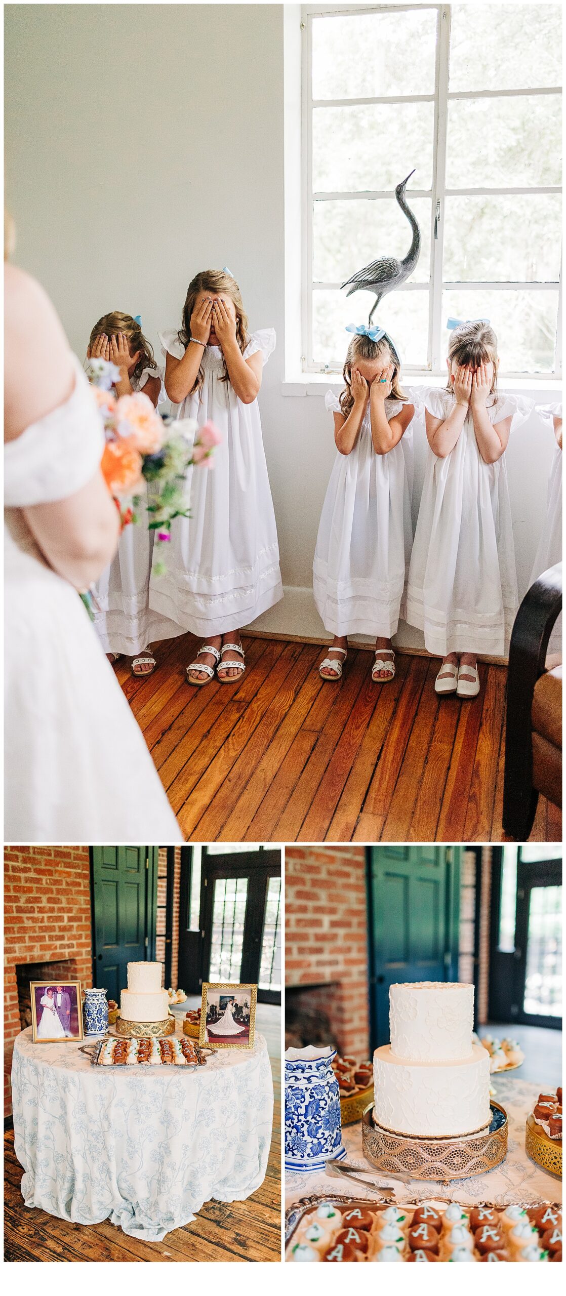 Picture of wedding cake at Adam’s pond, flower girls waiting to see the bride. 