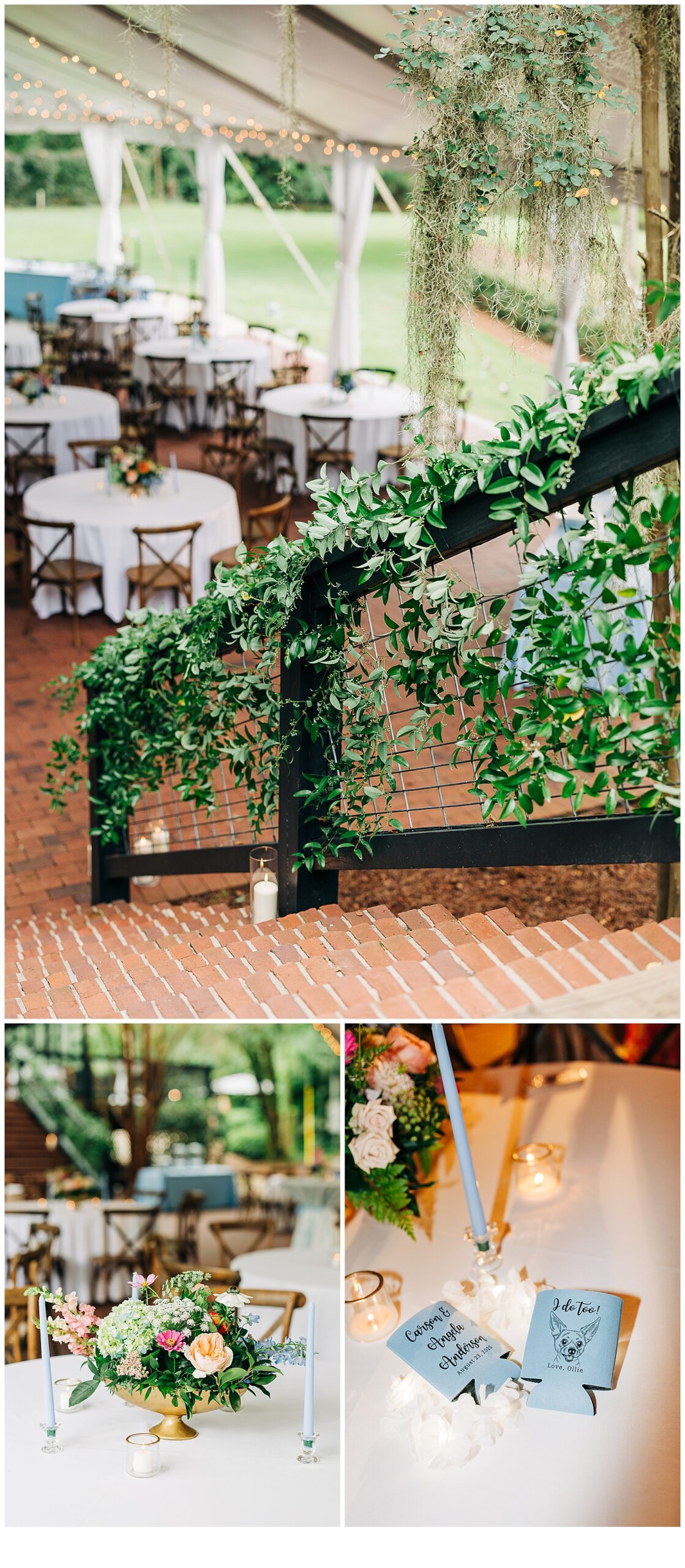 Decorations at Adam’s pond of the table a greenery on the steps, koozies with their dog on there