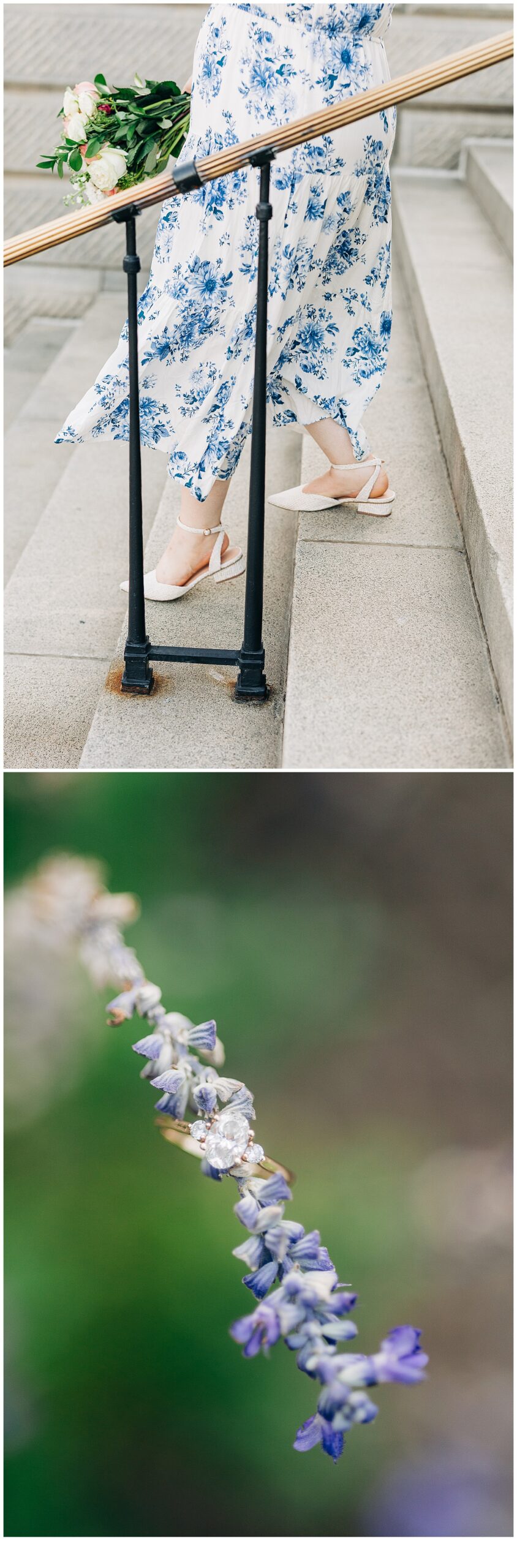 Engagement photo shoot of bride, walking down the steps and of her
 engagement ring