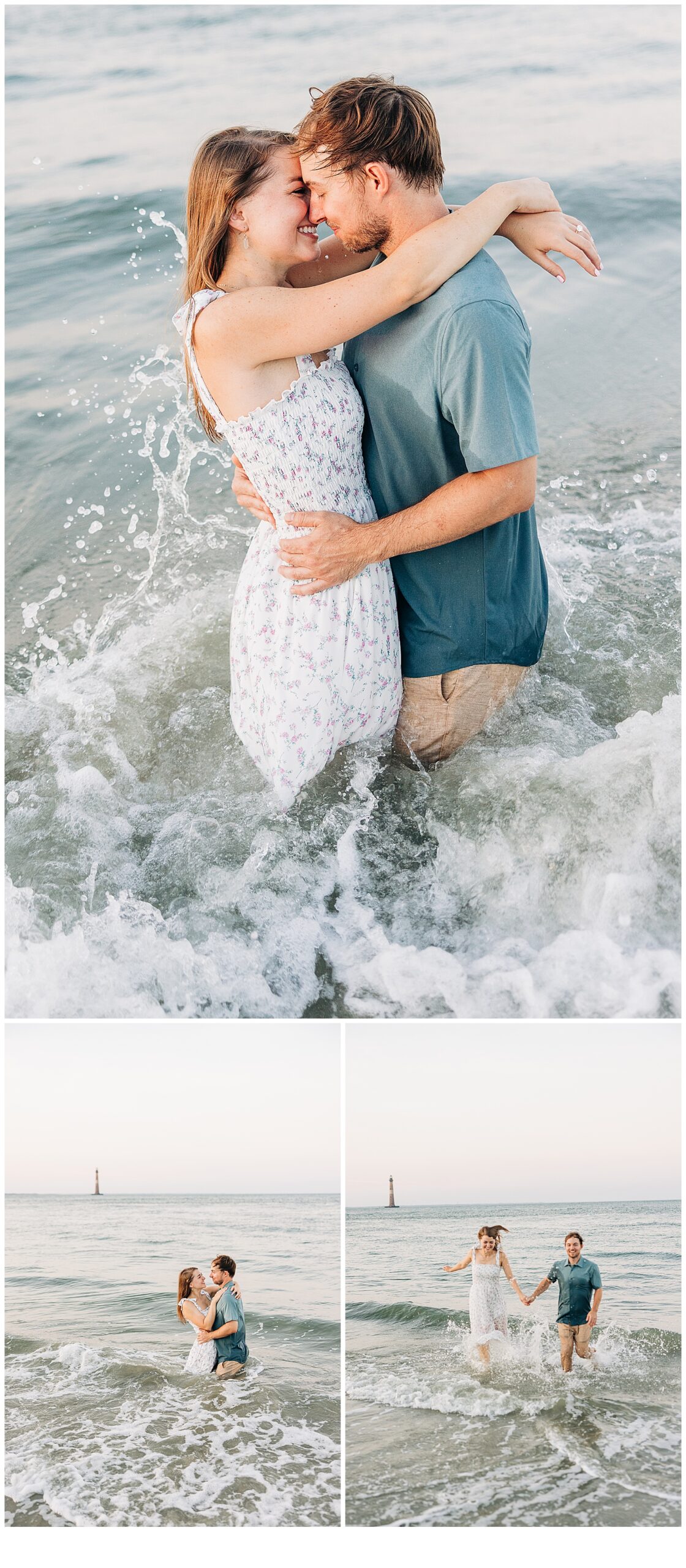 Newly engaged, couple happy and in love at Folly Beach