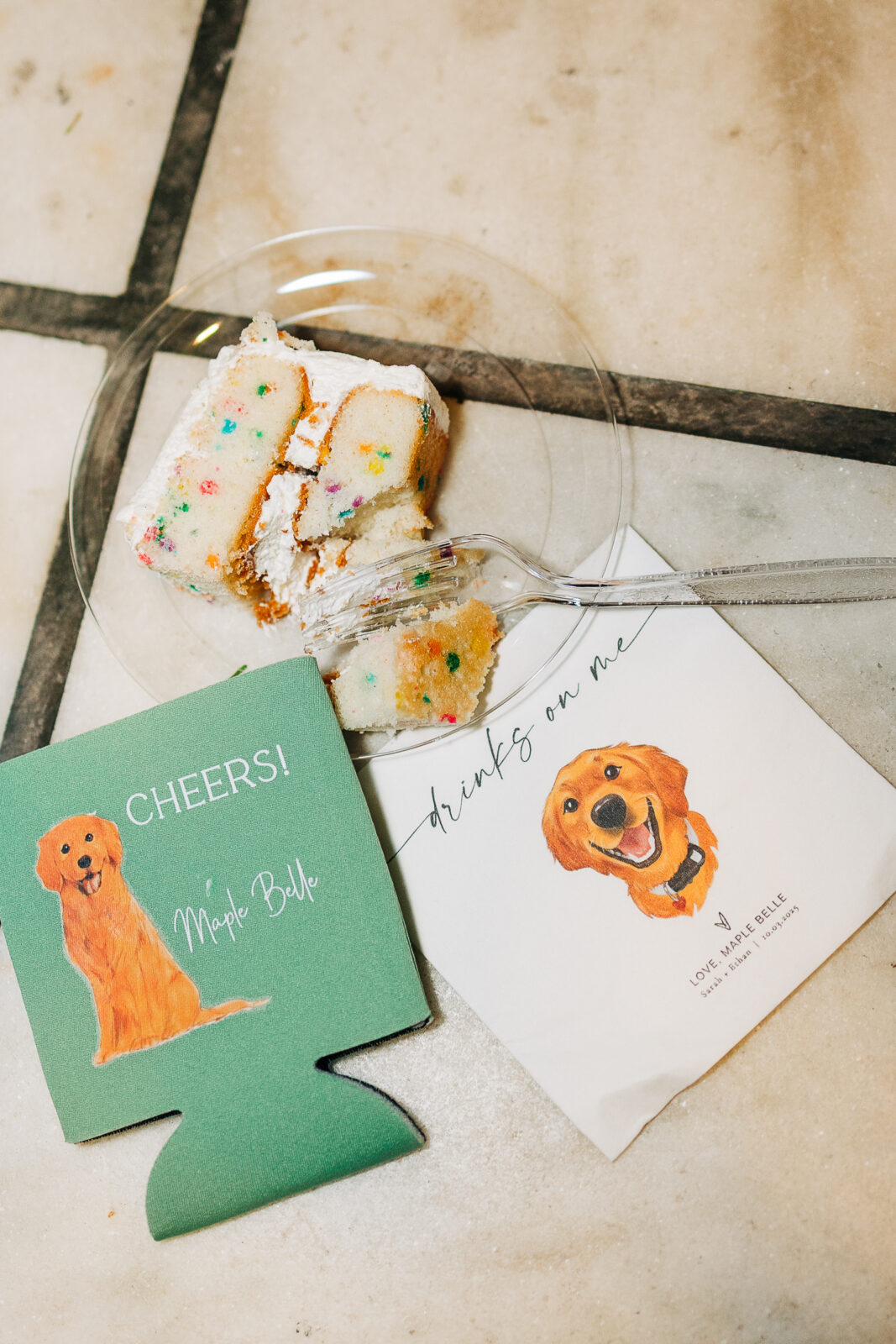 Colorful funfetti wedding cake and reception details at The Millstone at Adams Pond