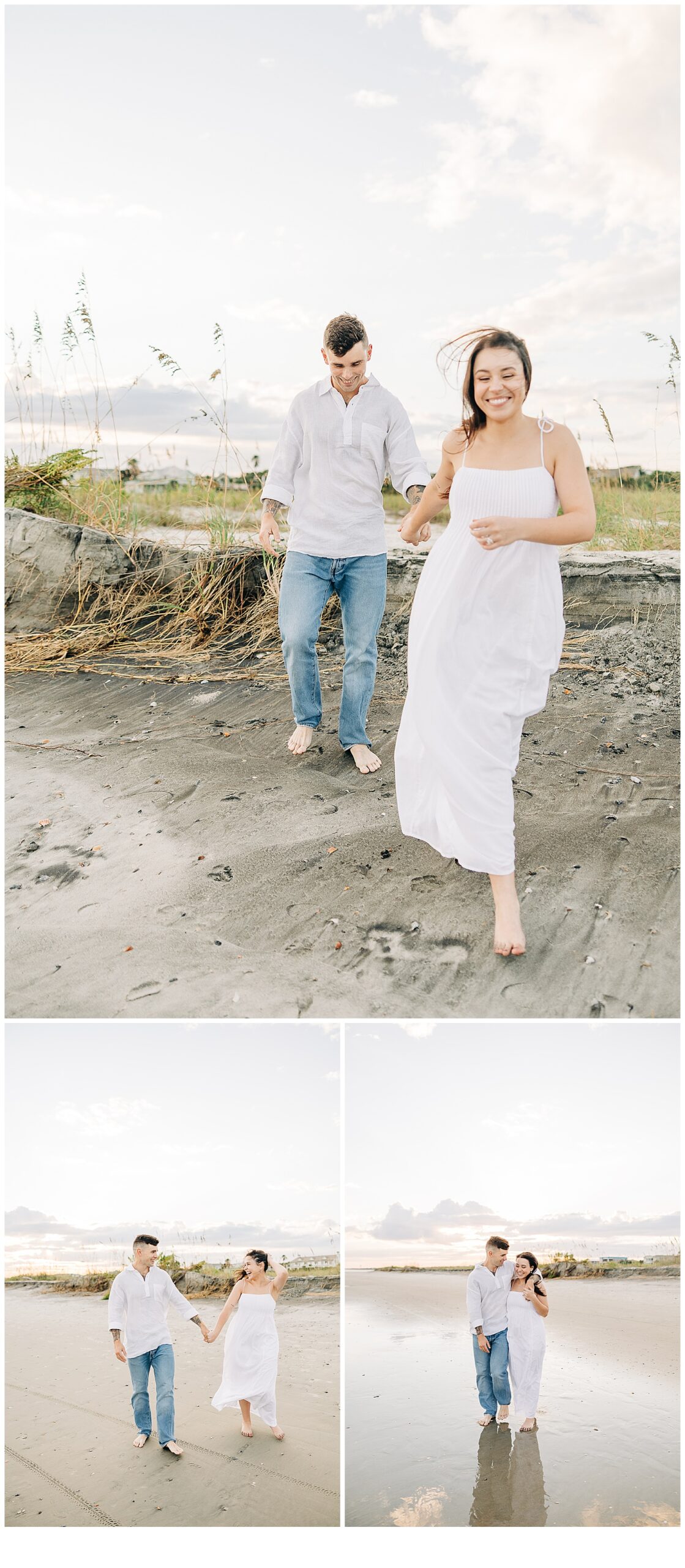 Couple walking hand and hand laughing and smiling .