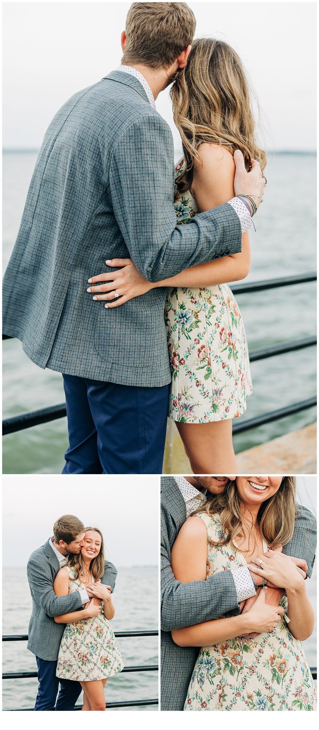Charleston, SC Engagement Session couple embracing, and looking out at the water.