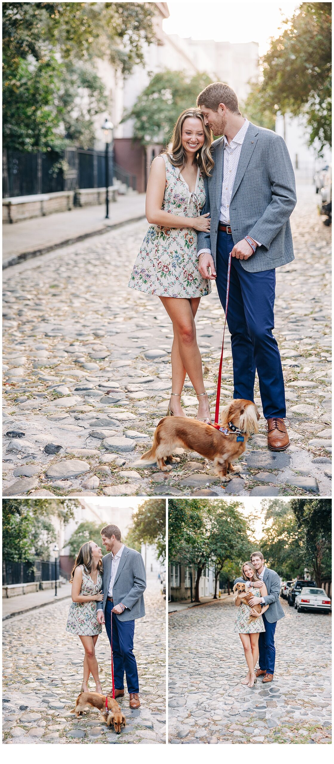 Charleston, SC Engagement Session walking down the cobble stone roads with their dog