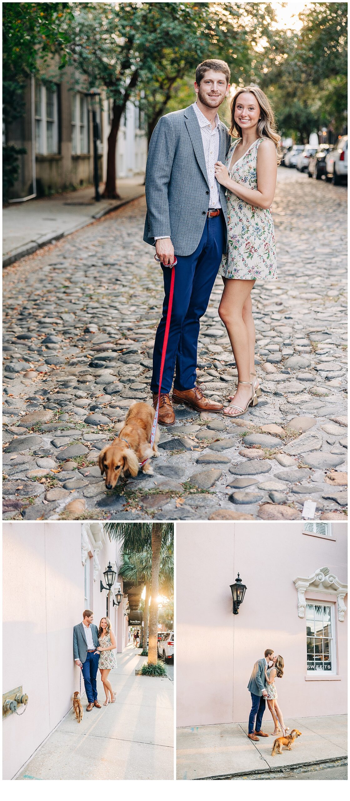Charleston, SC Engagement Session cobble stone roads and kisses in front of the historic pink building.