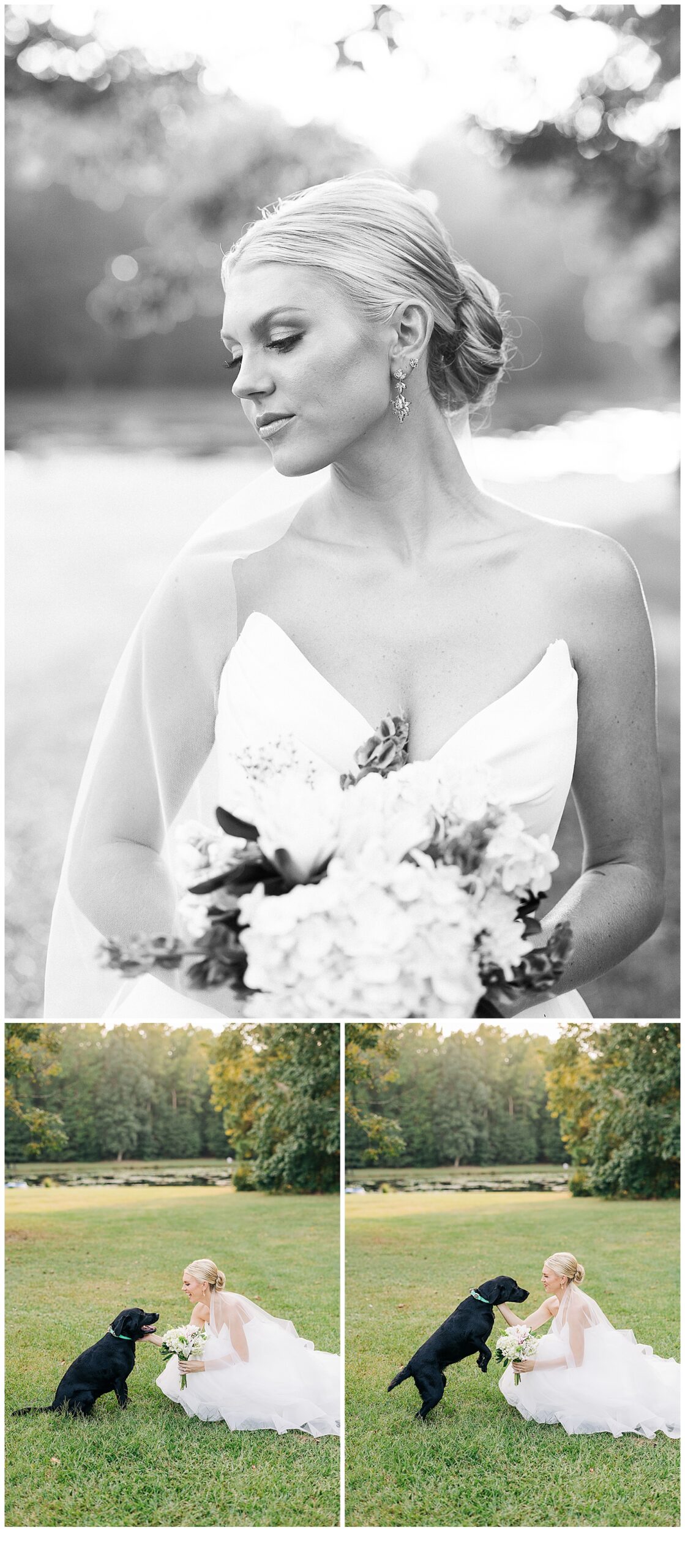 bride with her black lab by the pond