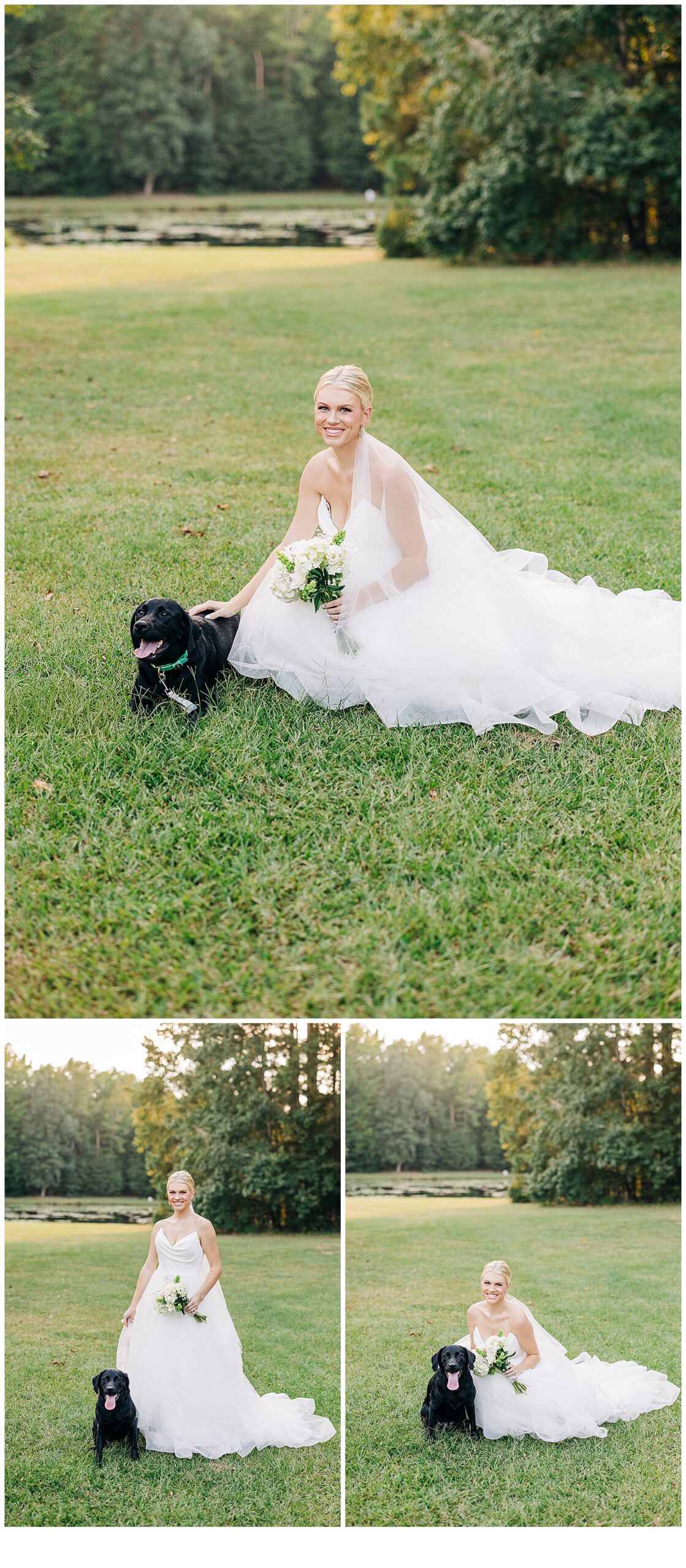 bride with her dog by the pond