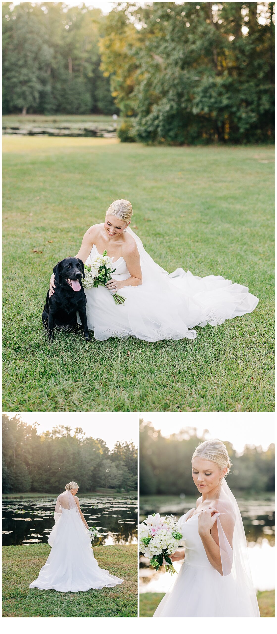 Bridal portraits by a pond with her black lab