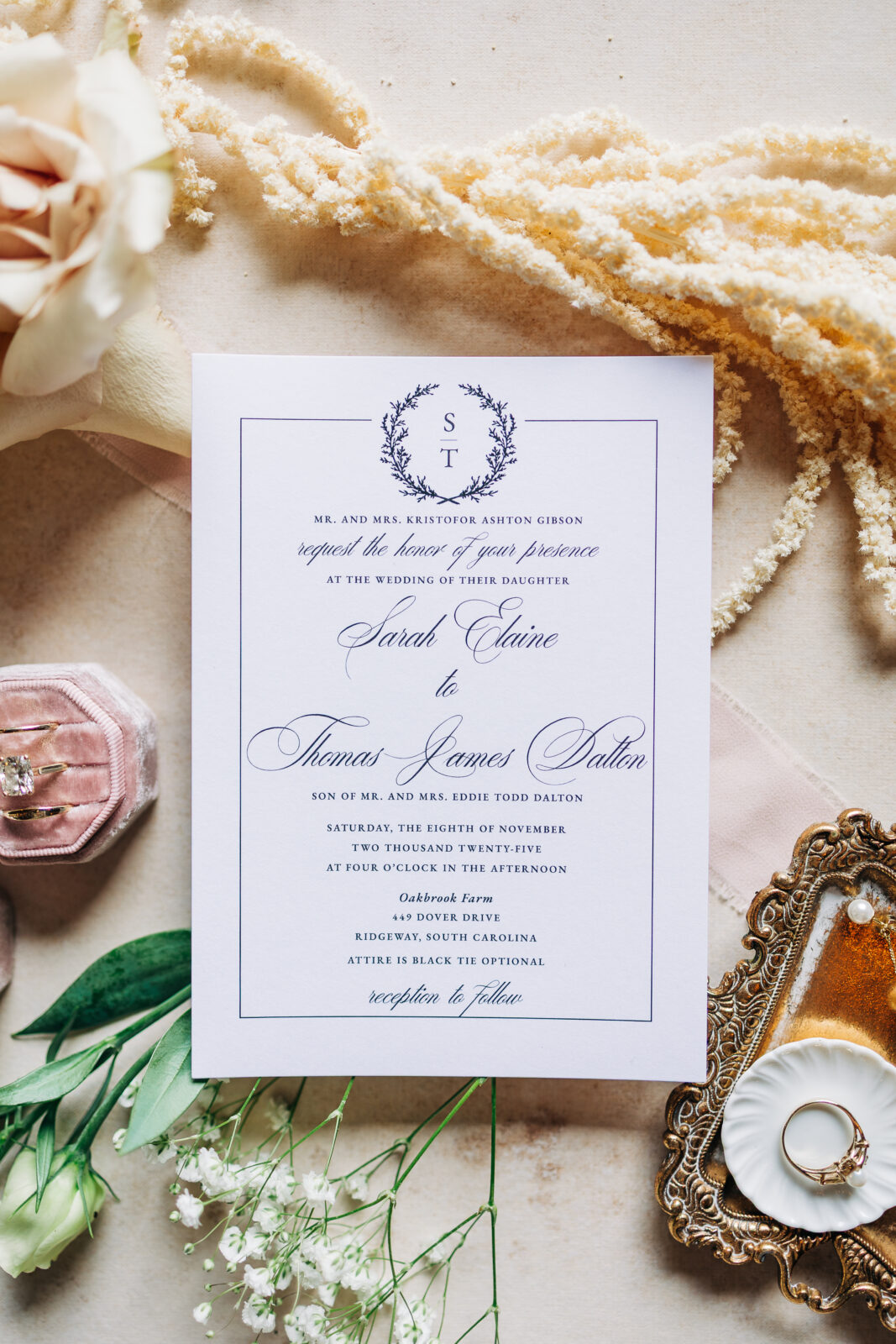 Elegant blue and white wedding invitation suite for the Sarah and Thomas Oakbrook Farms Wedding