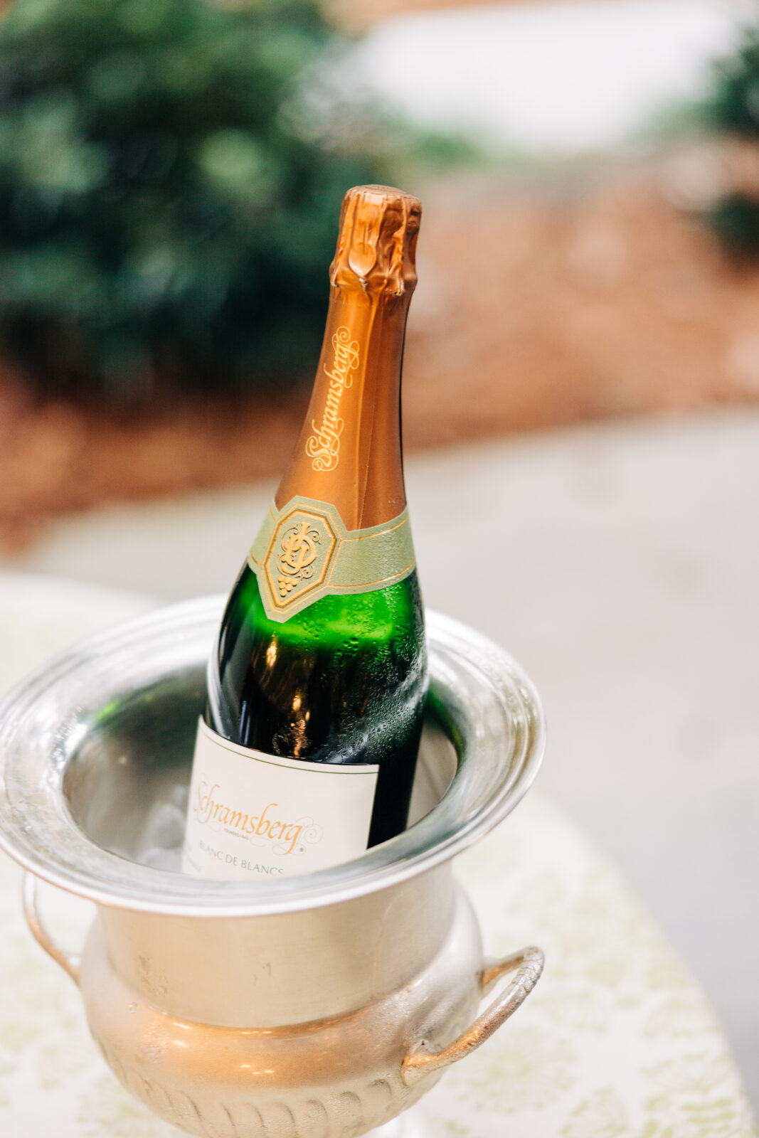 Schramsberg Blanc de Blanc champagne bottle in a silver ice bucket at Oakbrook Farms