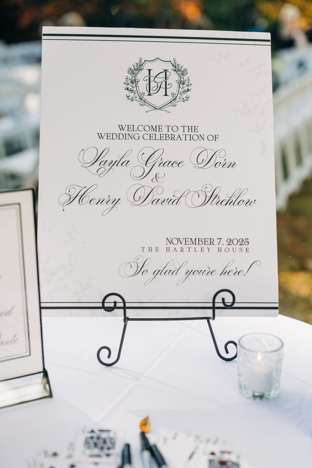 elegant welcome sign on an easel, featuring the couple's names and the date