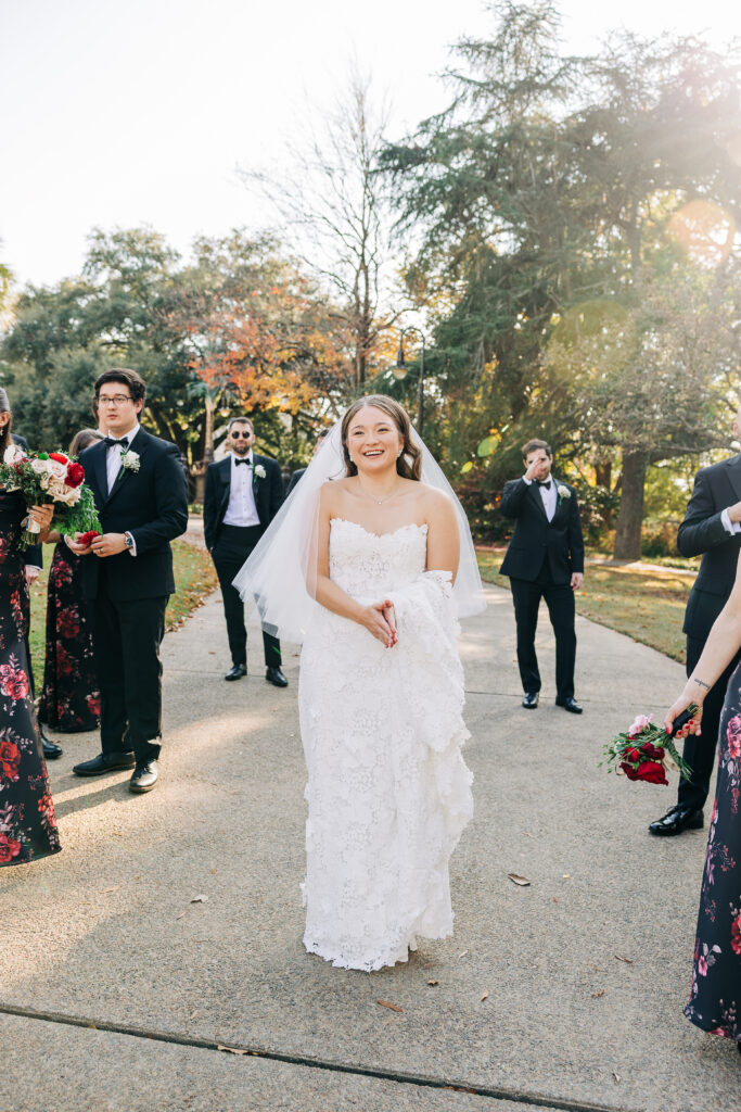 cinematic bridal portrait in the center of the wedding party