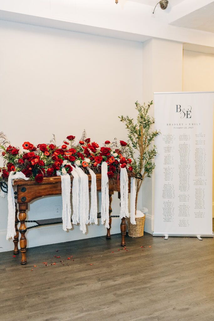 Floral installation and seating chart setup for Emily and Bradley’s elegant 1208 Washington Place wedding.