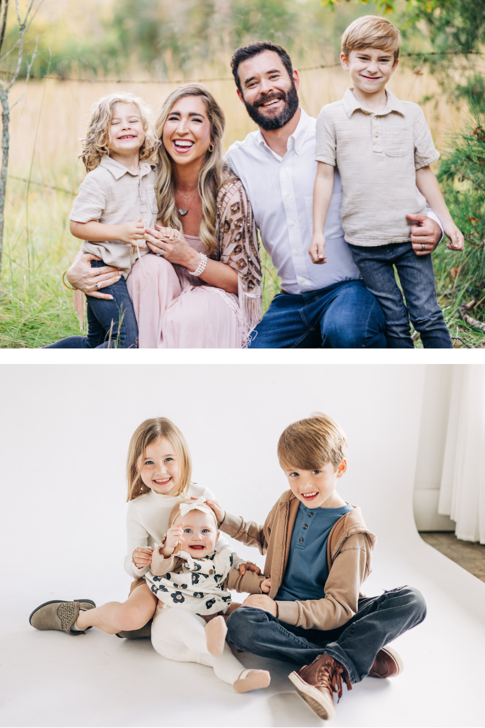 Smiling parents with two young children photographed outdoors in neutral clothing for relaxed family portraits. Children sitting together in a bright studio wearing soft, neutral outfits for classic family photography