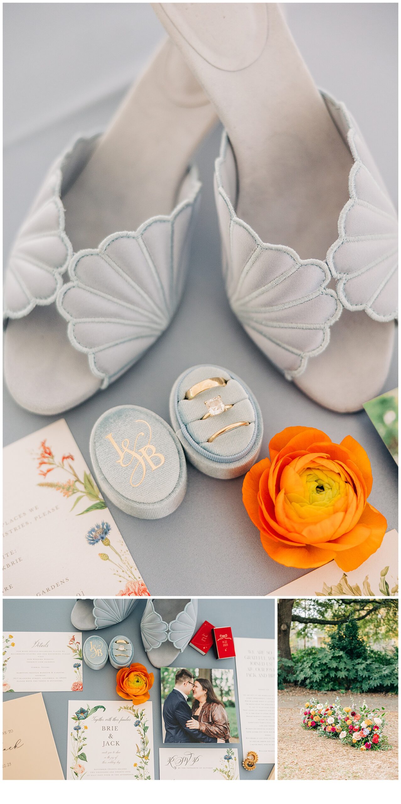brides shoes, and rings,flowers, and wedding invitation
