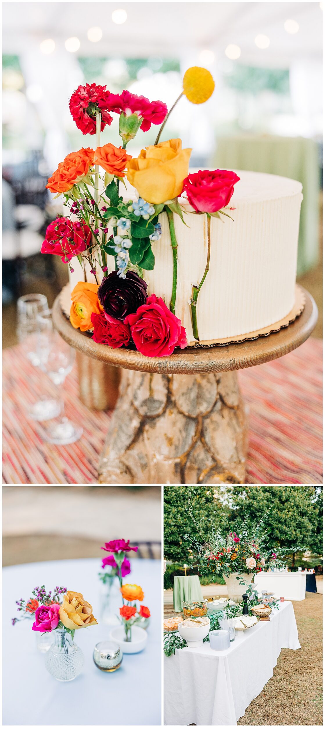 wedding cake, flowers, and food set up